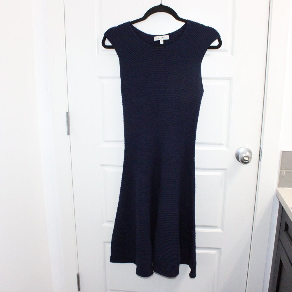Milly Navy Blue Sleeveless Sweater Ribbed Midi Dress Size Medium Fit &‎ Flare